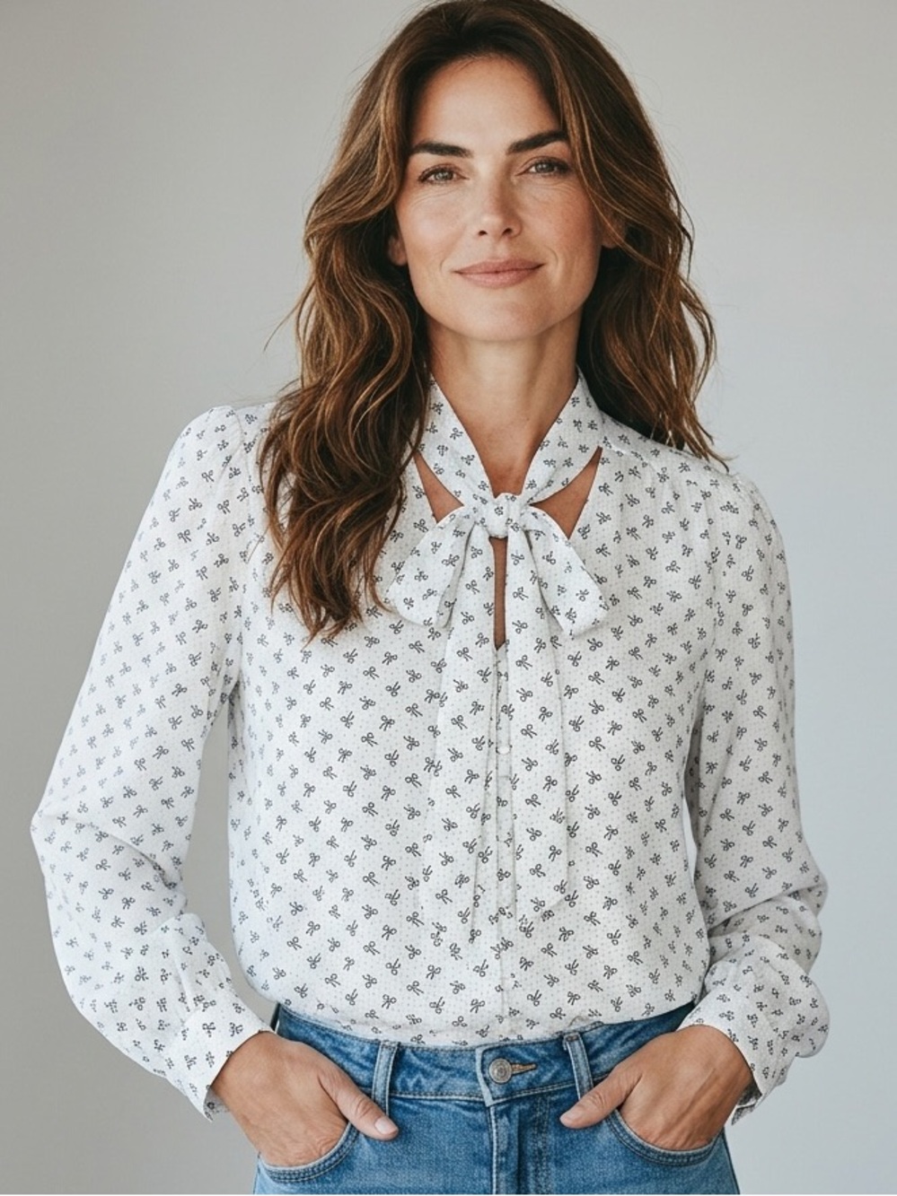 LOFT White Floral Tie-Neck Blouse